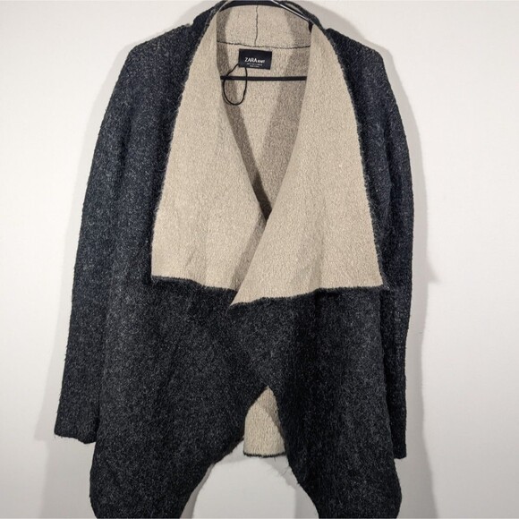 Zara Sweater Women Small Grey Draped Lapel Open Wool Blend Knit Cardigan - Picture 1 of 5